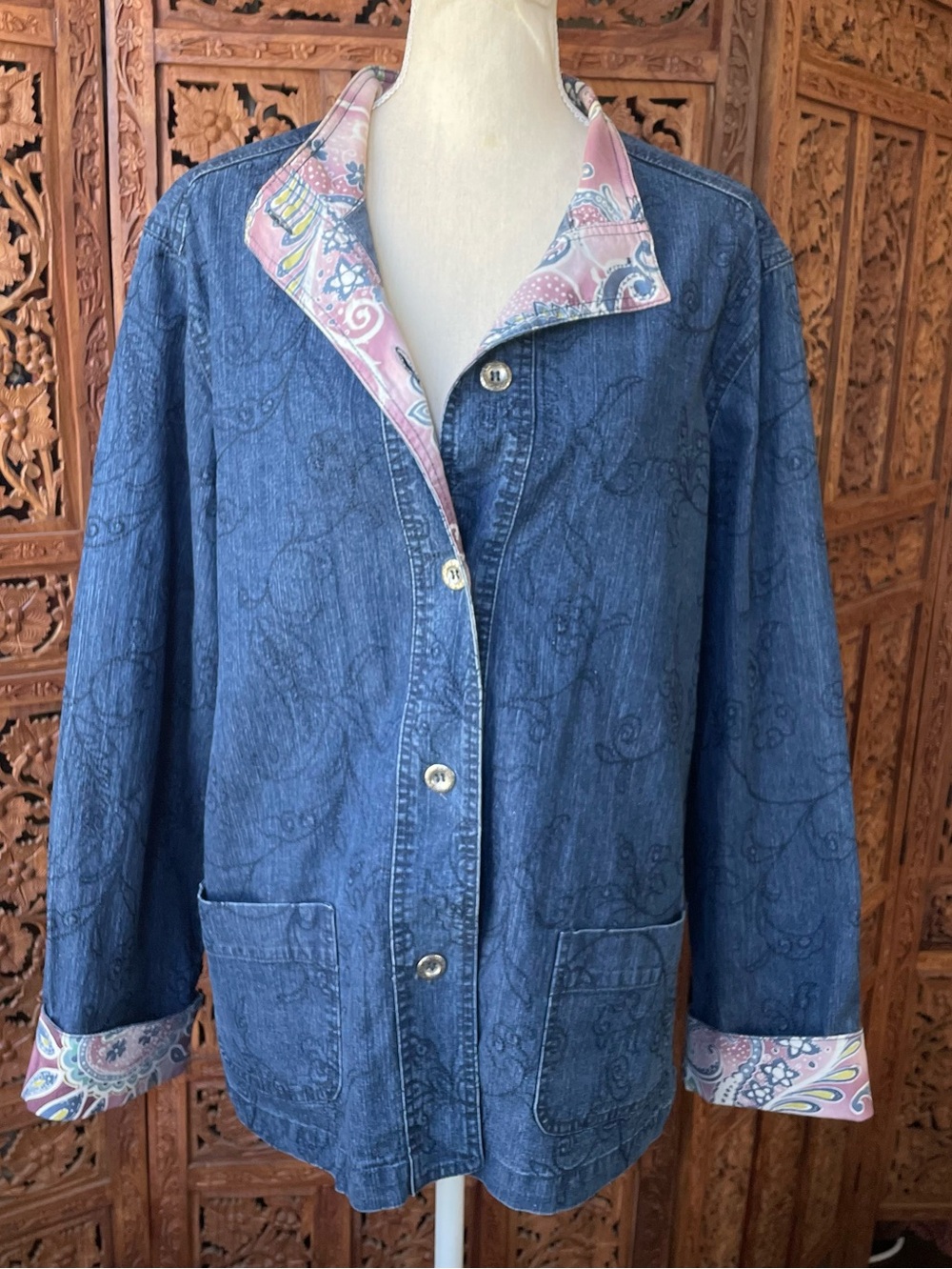 Embroidered Jean Denim Jacket with Pink Paisley Fold Over Lining